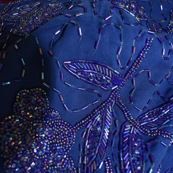 NWT LAWRENCE KAZAR Heavy Beaded Dress M Silk Floral Tiered Overlay Cocktail - Picture 6 of 7